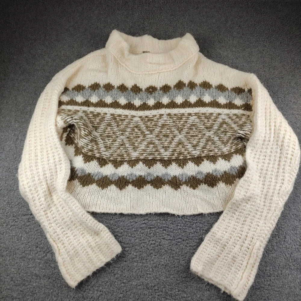 Free People Womens M Fair Isle Cropped Chunky Knit Sweater Cream Earth Tones